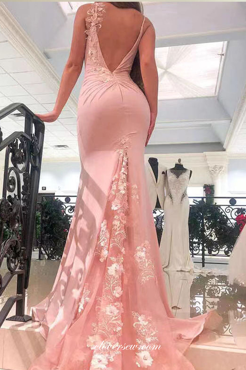 Pink 3D Handmade Flower Train V-neck Open Back Mermaid Prom Dresses, CP1104