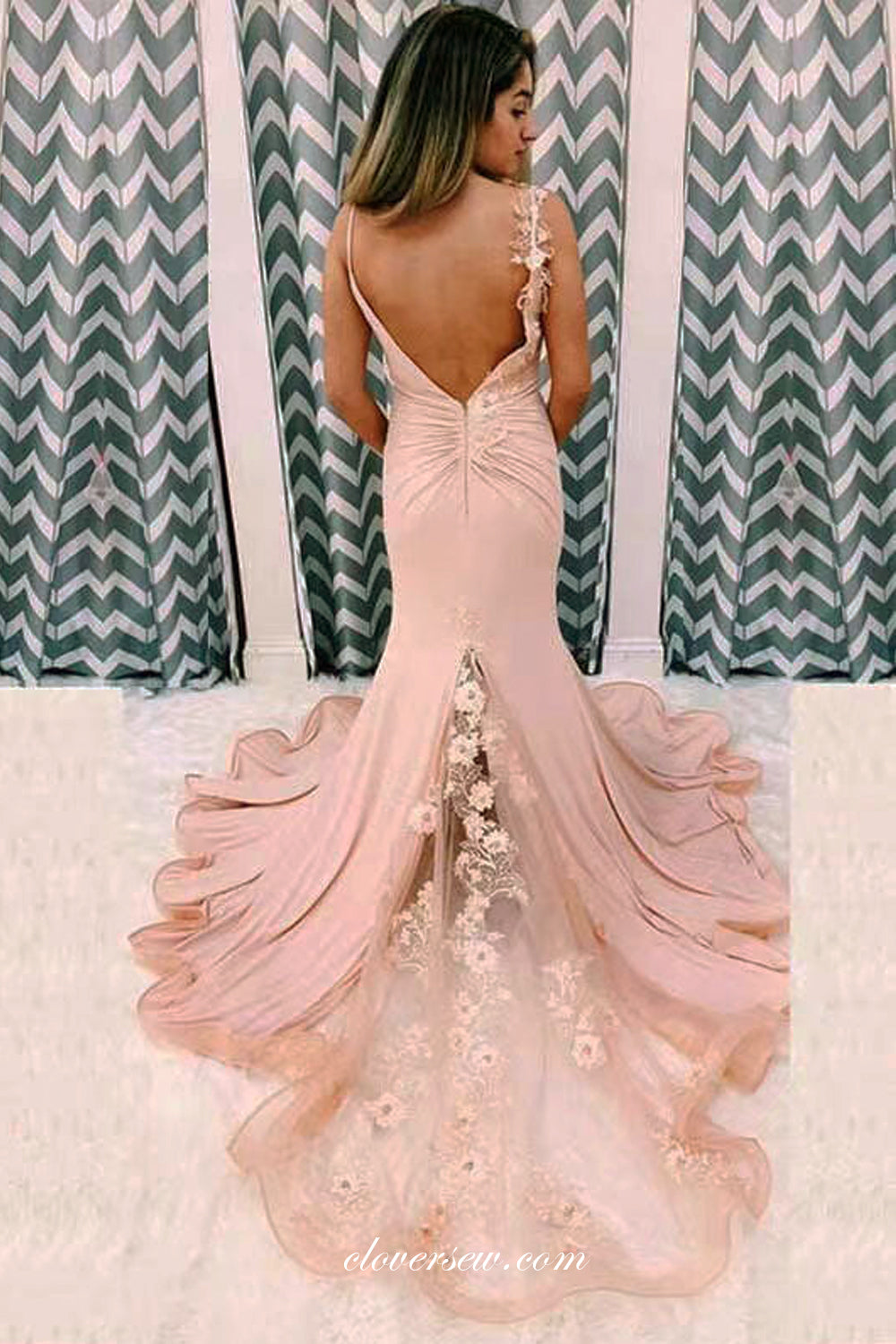 Pink 3D Handmade Flower Train V-neck Open Back Mermaid Prom Dresses, CP1104