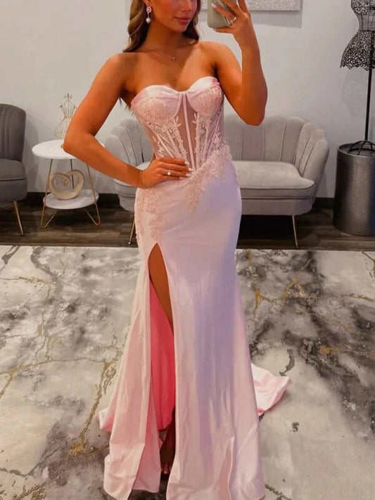 Pink Elastic Satin Strapless Illusion Lace Top Mermaid Slit Prom Dresses, CP1093