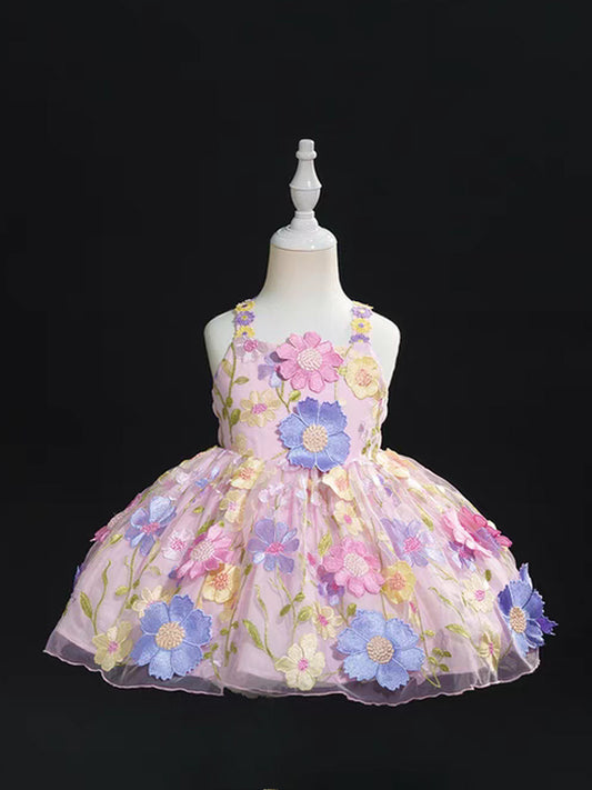 Pink Floral Embroidery Sleeveless Short Flower Girl Dresses Birthday Dresses, CF0016