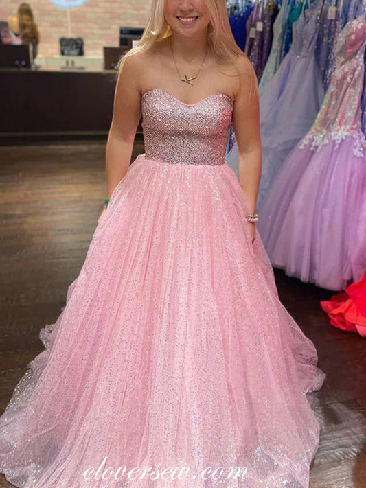 Pink Glitter Tulle Sweetheart Strapless A-line Prom Dresses, CP1019