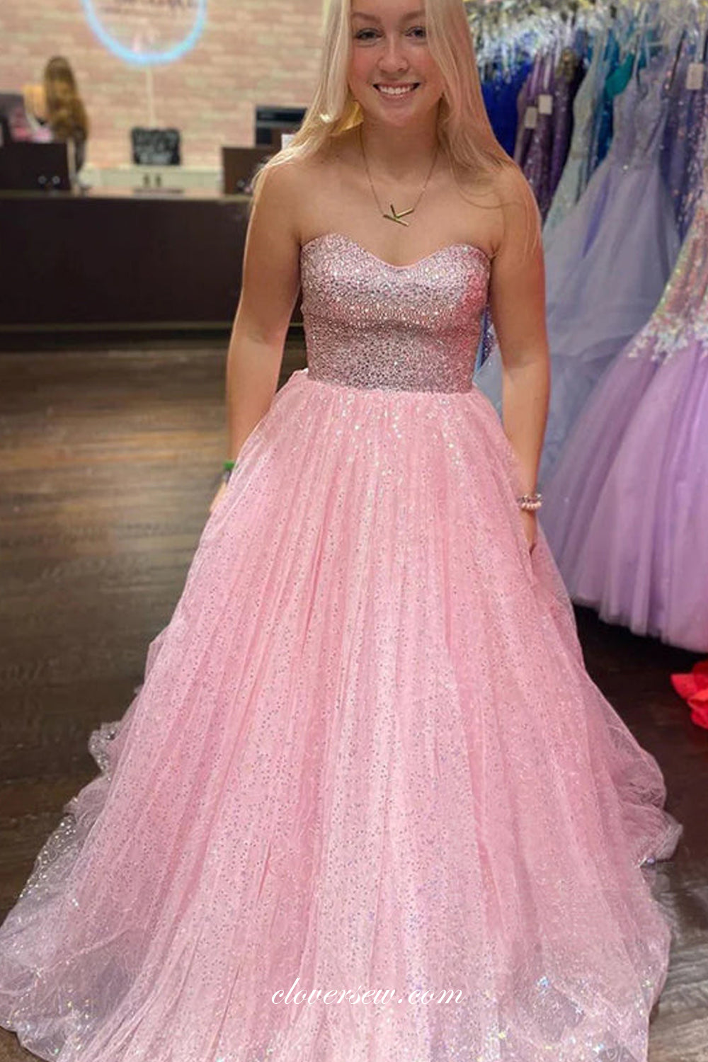Pink Glitter Tulle Sweetheart Strapless A-line Prom Dresses, CP1019