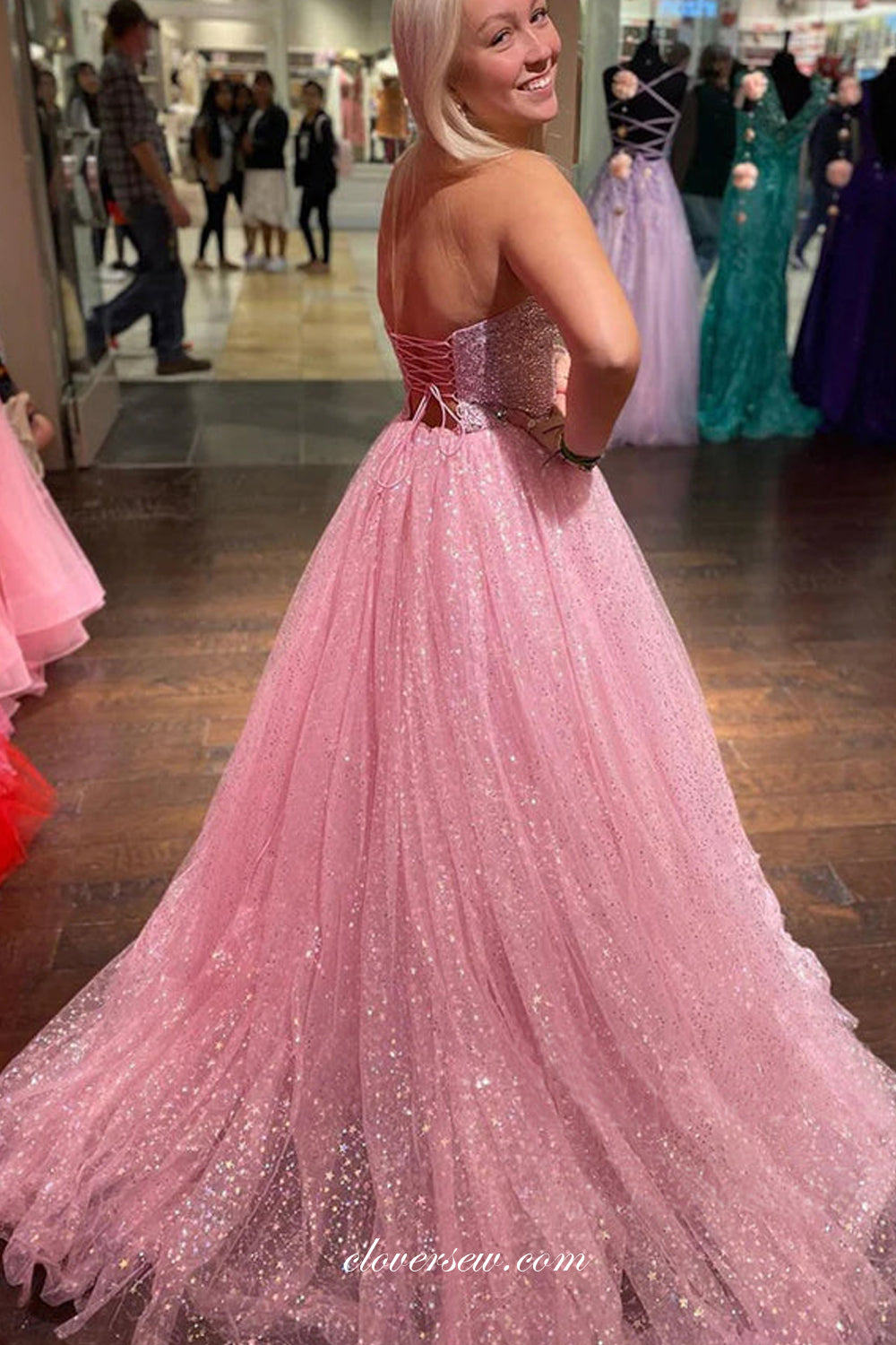 Pink Glitter Tulle Sweetheart Strapless A-line Prom Dresses, CP1019