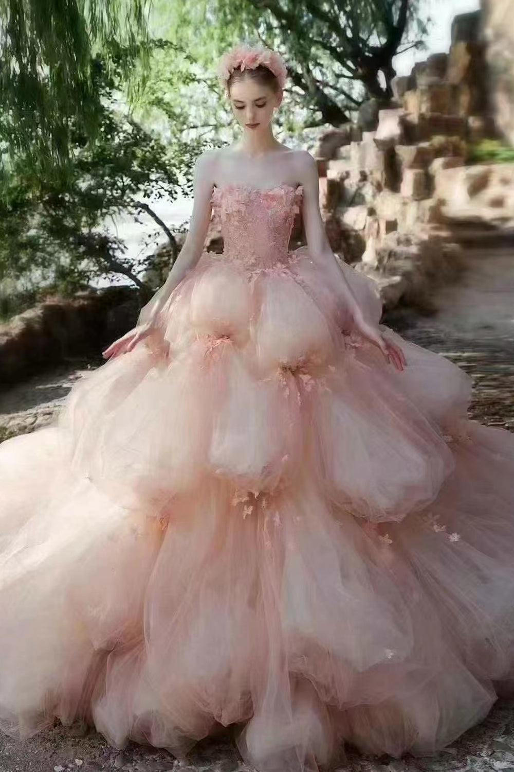 wedding dress pink flowers Pink Handmade Flowers Bubble Tulle Strapless Tiered Gown Wedding Dresses, CW0405 US10 / As Pic