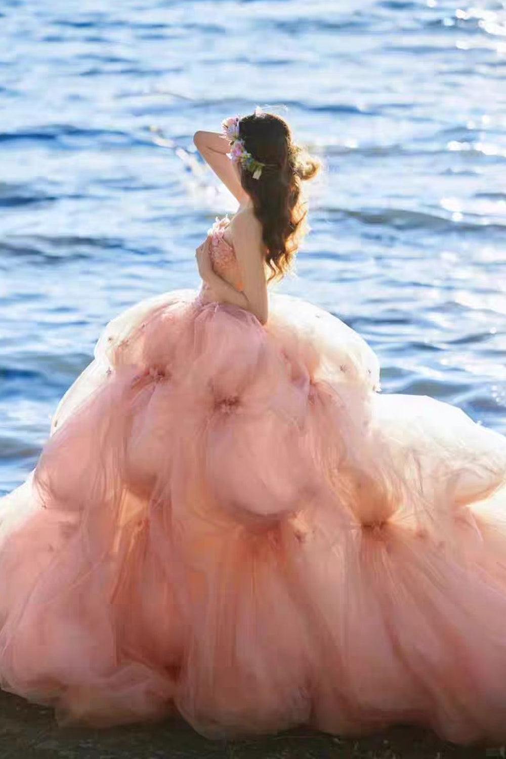 Pink Handmade Flowers Bubble Tulle Strapless Tiered Gown Wedding Dresses, CW0405 US10 / As Pic Pink Handmade Flowers Bubble Tulle Strapless Tiered Gown Wedding Dresses, CW0405 US10 / As Pic