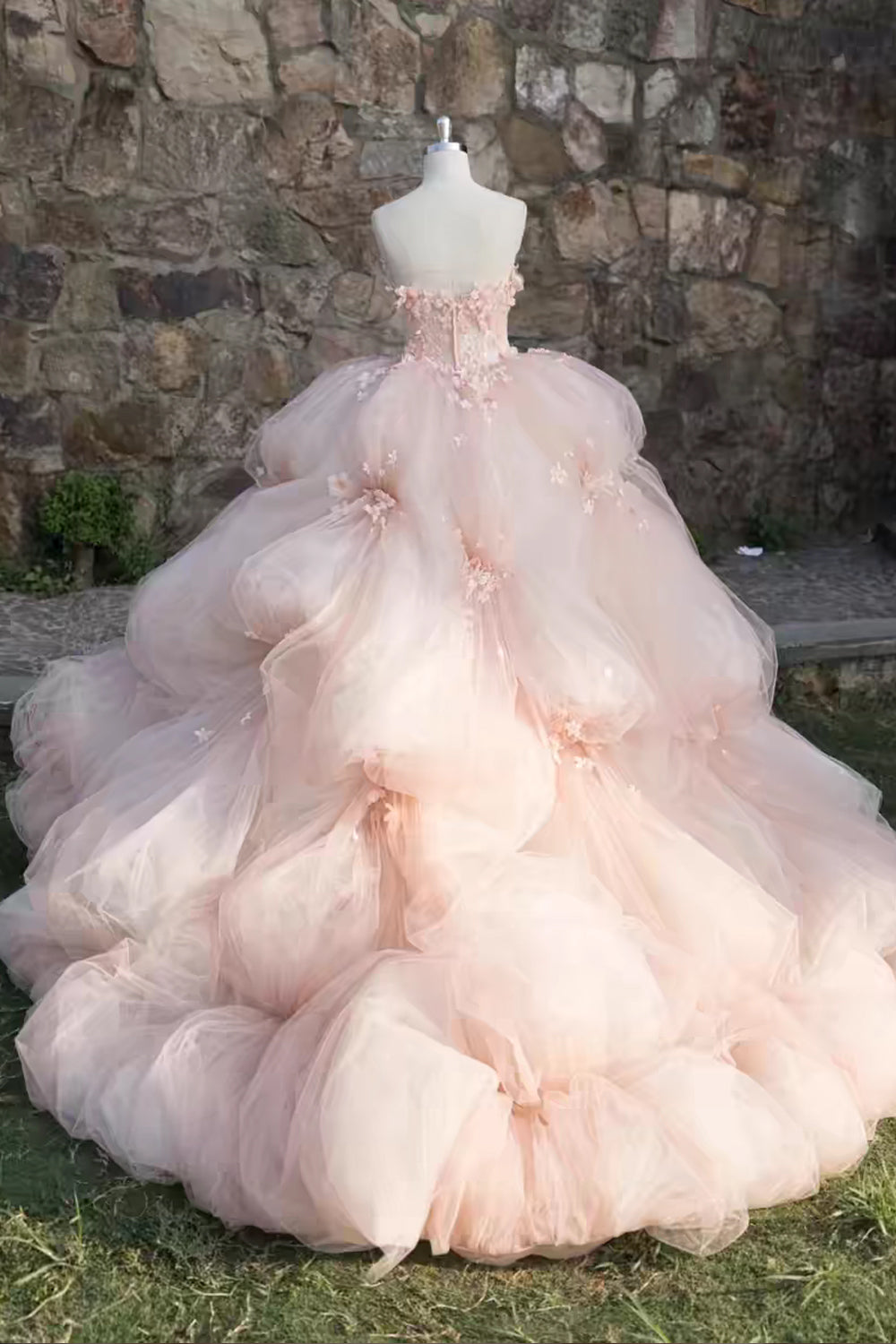 pink tulle wedding dress Pink Handmade Flowers Bubble Tulle Strapless Tiered Gown Wedding Dresses, CW0405 US10 / As Pic