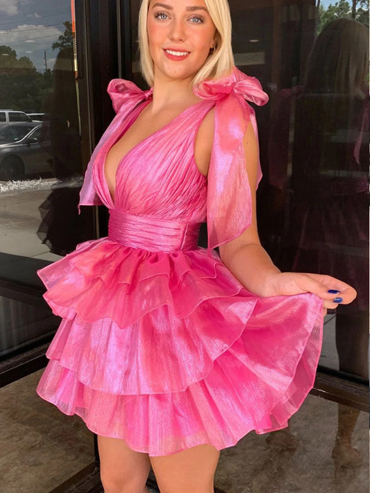 Pink Organza V-neck Sleeveless A-line Tiered Short Homecoming Dresses, CH0115