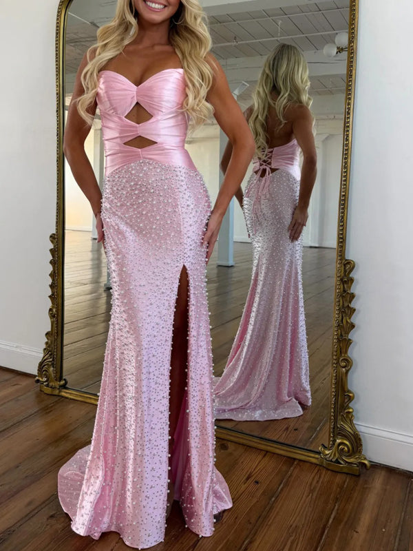 Pink Pearls Beaded Satin Mermaid Charming Slit Open Back Prom Dresses, CP1213
