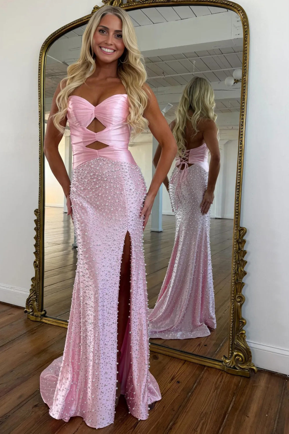 Pink Pearls Beaded Satin Mermaid Charming Slit Open Back Prom Dresses, CP1213