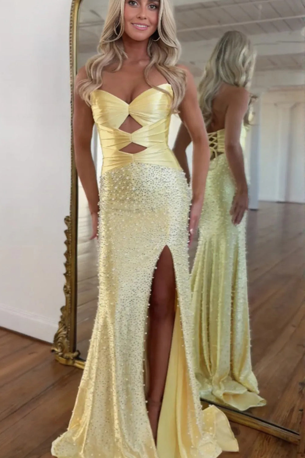 Pink Pearls Beaded Satin Mermaid Charming Slit Open Back Prom Dresses, CP1213