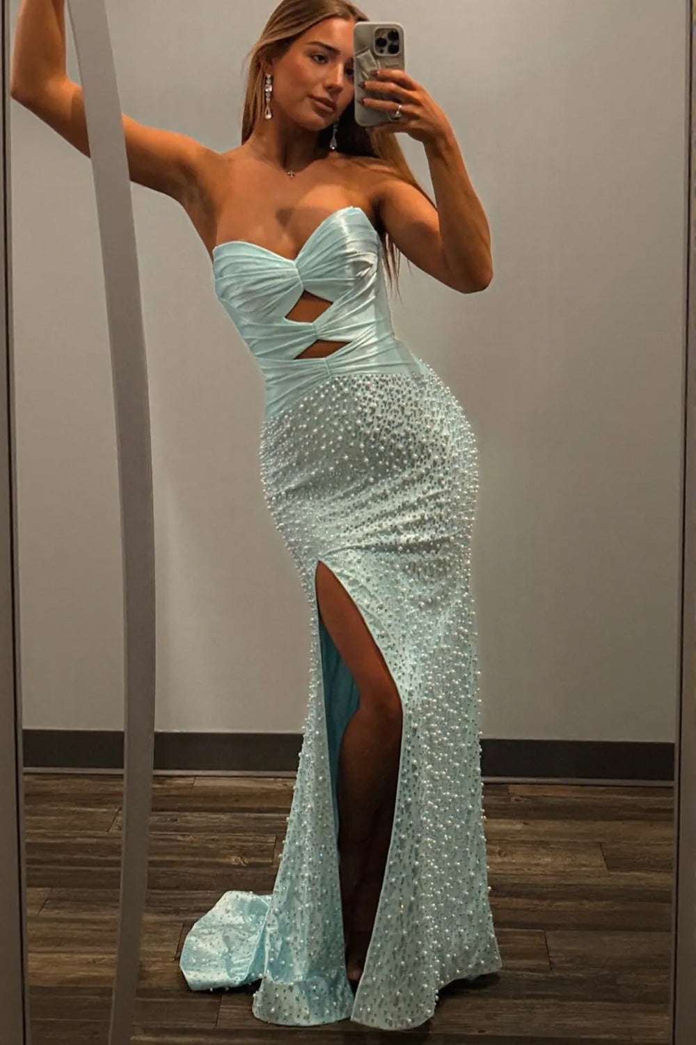 Pink Pearls Beaded Satin Mermaid Charming Slit Open Back Prom Dresses, CP1213