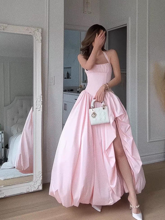 Pink Satin Halter Lace Up Back Peplum Skirt Prom Dresses, CP1088