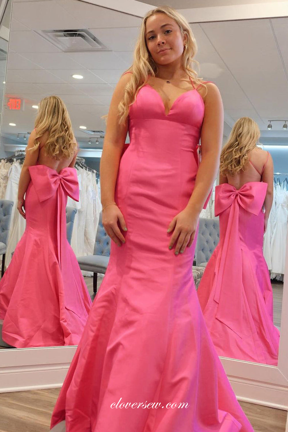 Pink Satin Spaghetti Strap Backless With Big Bowknot Mermaid Prom Dresses, CP1124
