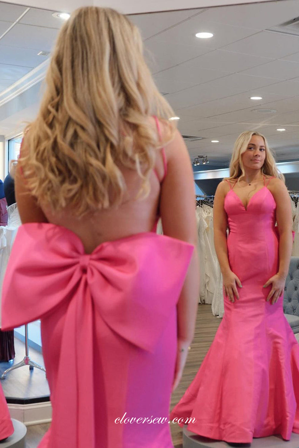 Pink Satin Spaghetti Strap Backless With Big Bowknot Mermaid Prom Dresses, CP1124