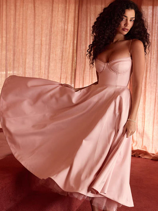 Pink Satin Spaghetti Strap Fluffy A-line Skirt Tea Length Prom Dresses, CP1106