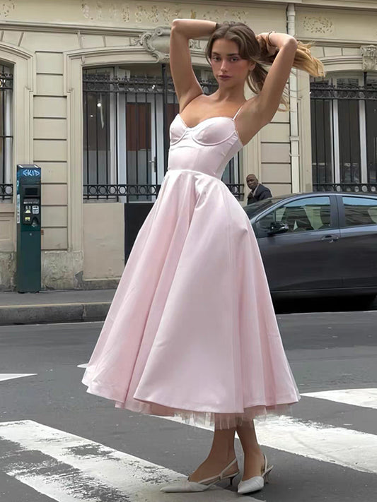 Pink Satin Spaghetti Strap Fluffy A-line Skirt Tea Length Prom Dresses, CP1107