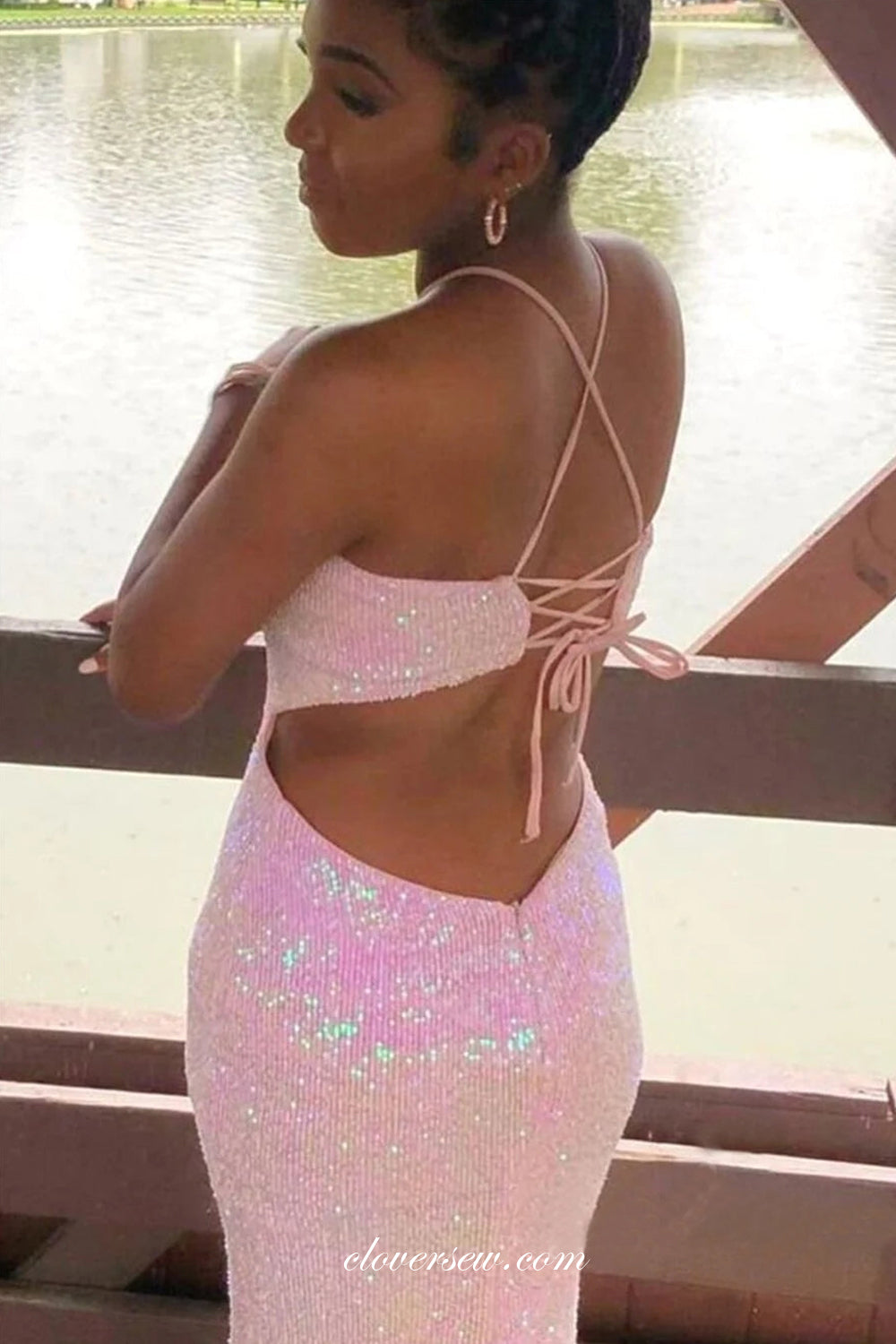 Pink Sequin Halter Open Back Mermaid Shiny Charming Prom Dresses, CP1113