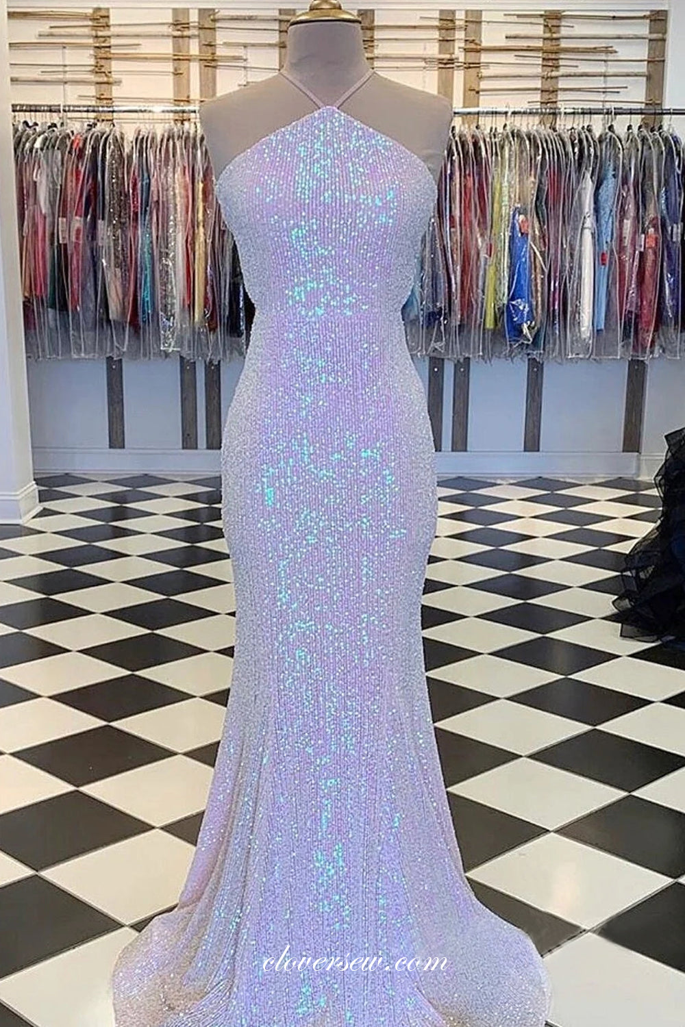 Pink Sequin Halter Open Back Mermaid Shiny Charming Prom Dresses, CP1113