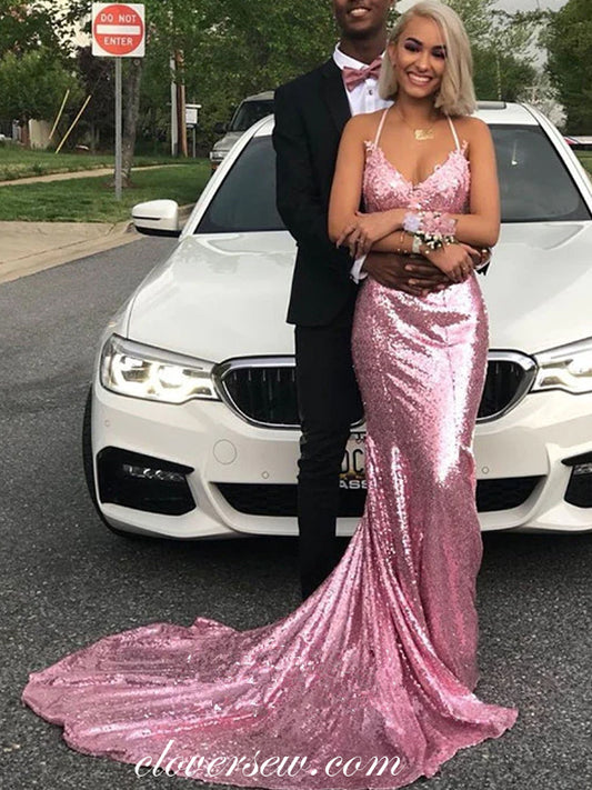 Pink Sequin Lace Applque Halter Backless Mermaid Sparkly Prom Dresses, CP1031