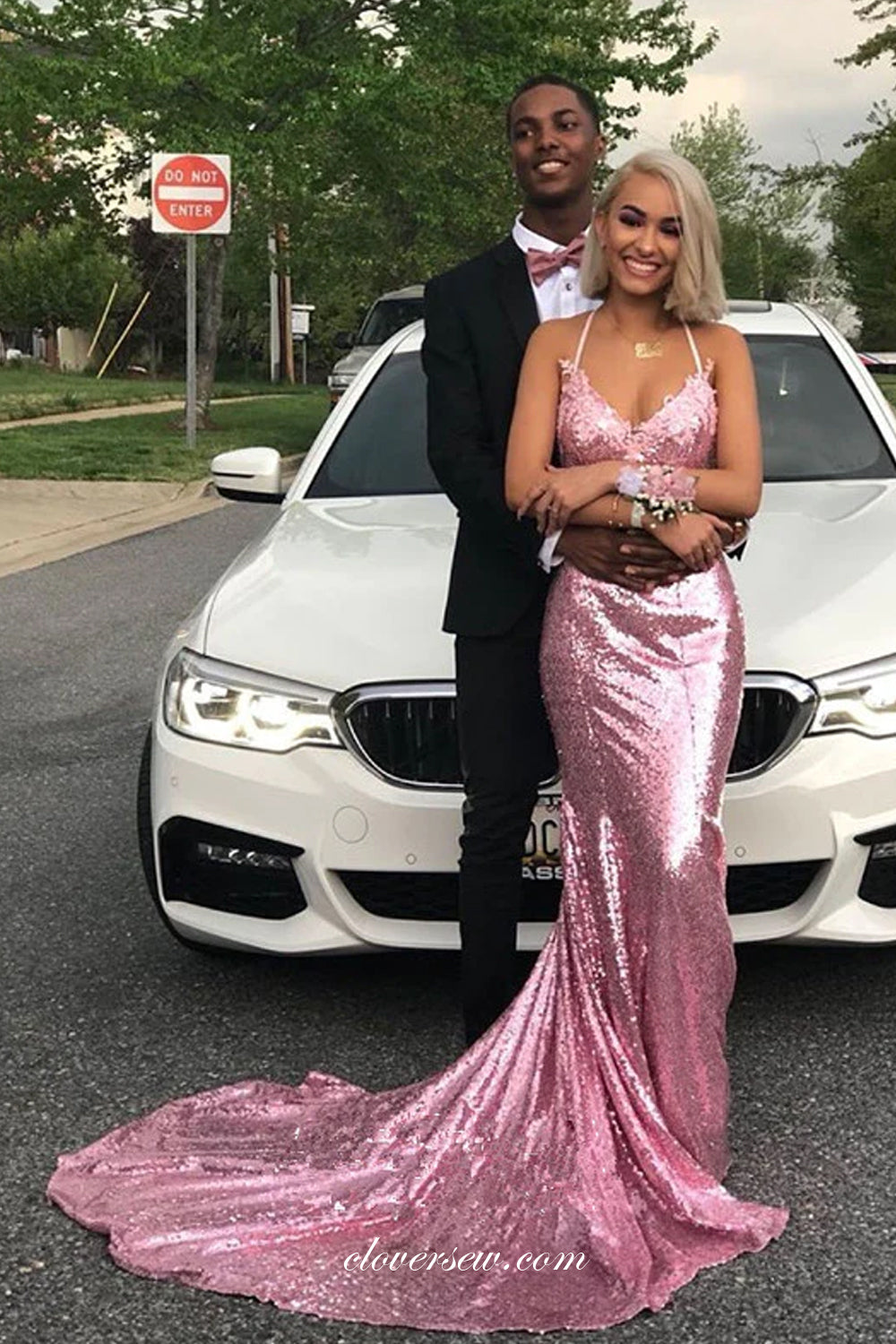 Pink Sequin Lace Applque Halter Backless Mermaid Sparkly Prom Dresses, CP1031