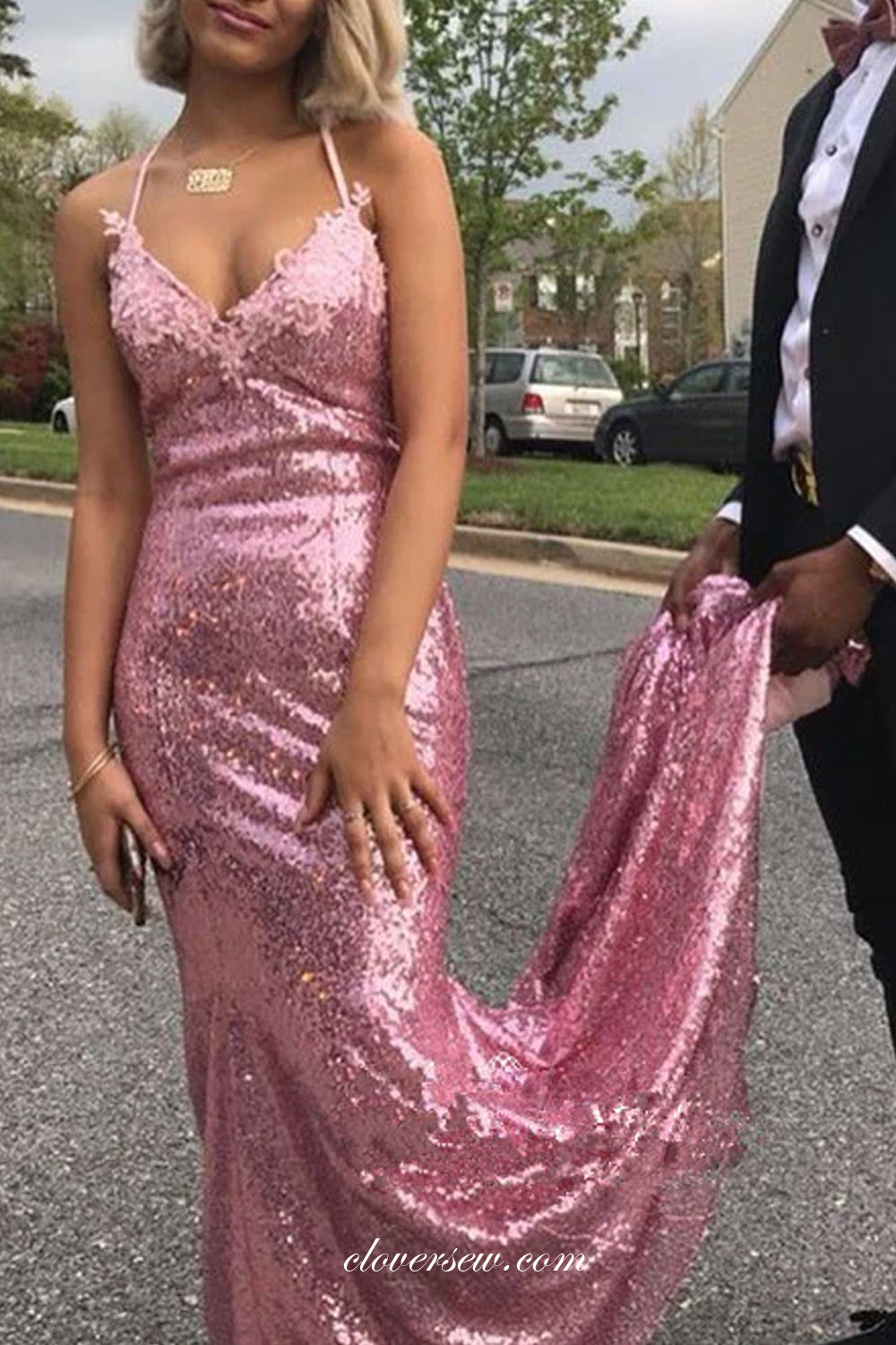 Pink Sequin Lace Applque Halter Backless Mermaid Sparkly Prom Dresses, CP1031