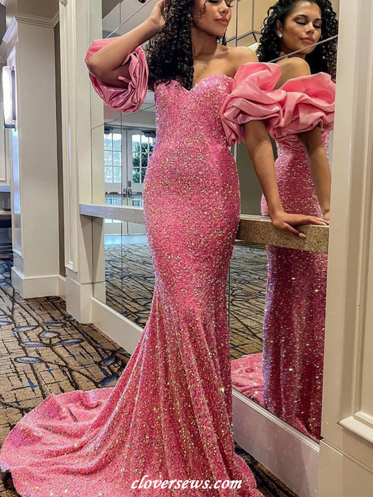 Pink Sequin Strapless With Bubble Sleeves Mermaid Shiny Prom Dresses, CP1146