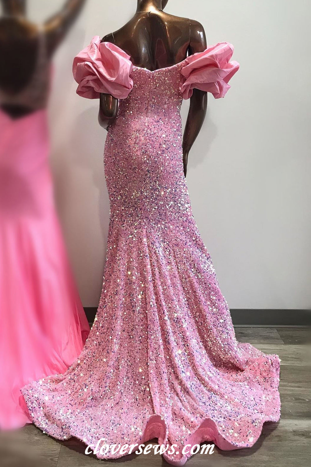Pink Sequin Strapless With Bubble Sleeves Mermaid Shiny Prom Dresses, CP1146