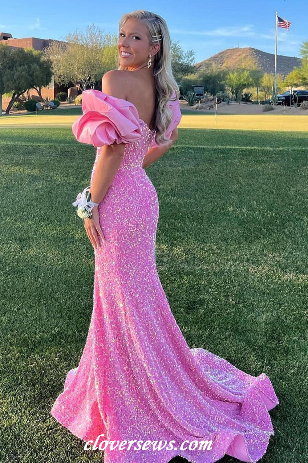 Pink Sequin Strapless With Bubble Sleeves Mermaid Shiny Prom Dresses, CP1146