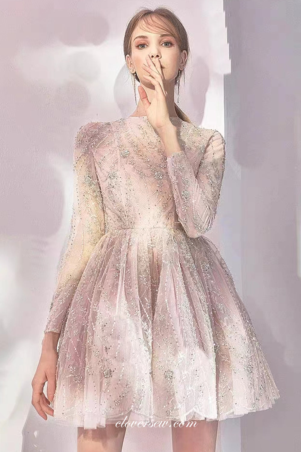 Pink Sequined Lace Long Sleeves A-line Short Homecoming Dresses, CH0056