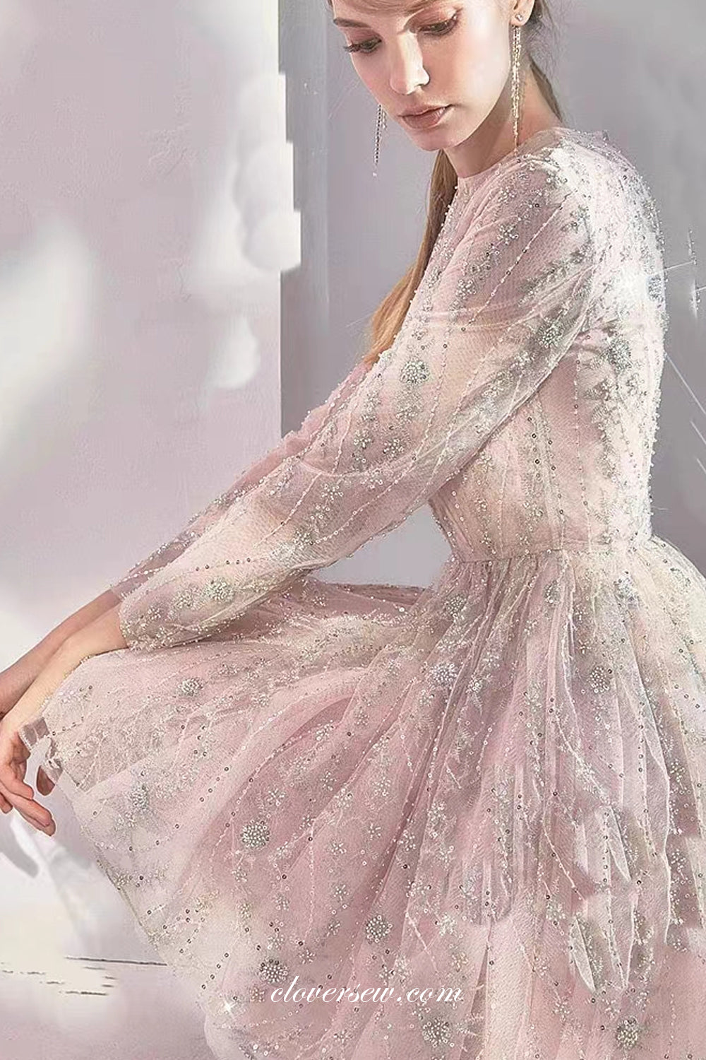 Pink Sequined Lace Long Sleeves A-line Short Homecoming Dresses, CH0056