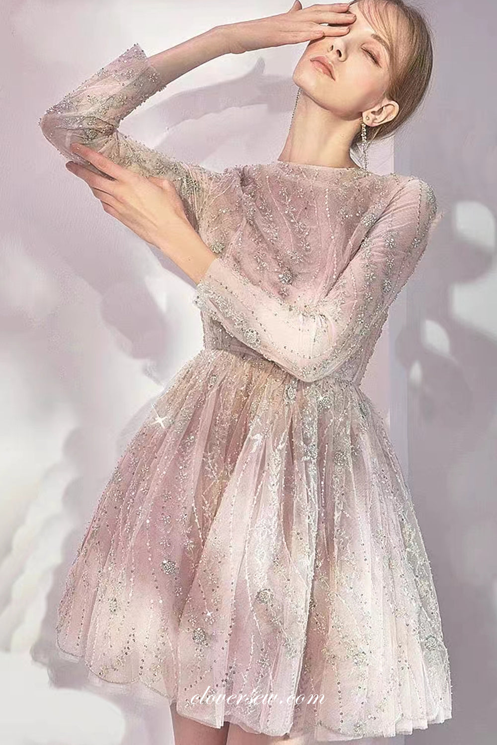 Pink Sequined Lace Long Sleeves A-line Short Homecoming Dresses, CH0056