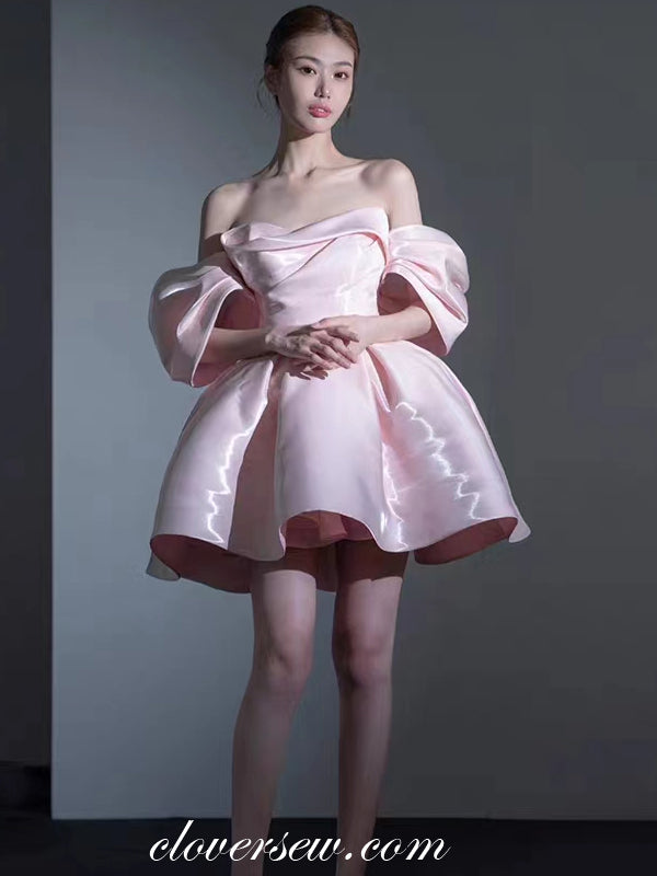 Pink Shiny Satin Off The Shoulder Ball Gown Short Prom Dresses, CP1036 US14 / As Pic Pink Shiny Satin Off The Shoulder Ball Gown Short Prom Dresses, CP1036 US14 / As Pic