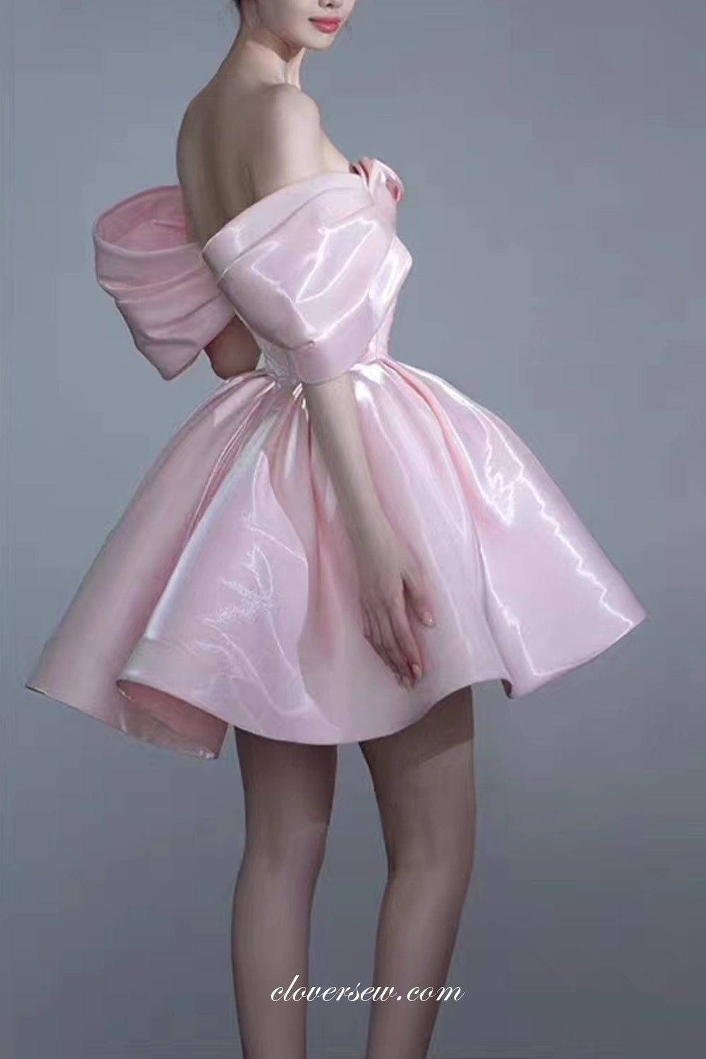 Pink Shiny Satin Off The Shoulder Ball Gown Short Prom Dresses, CP1036