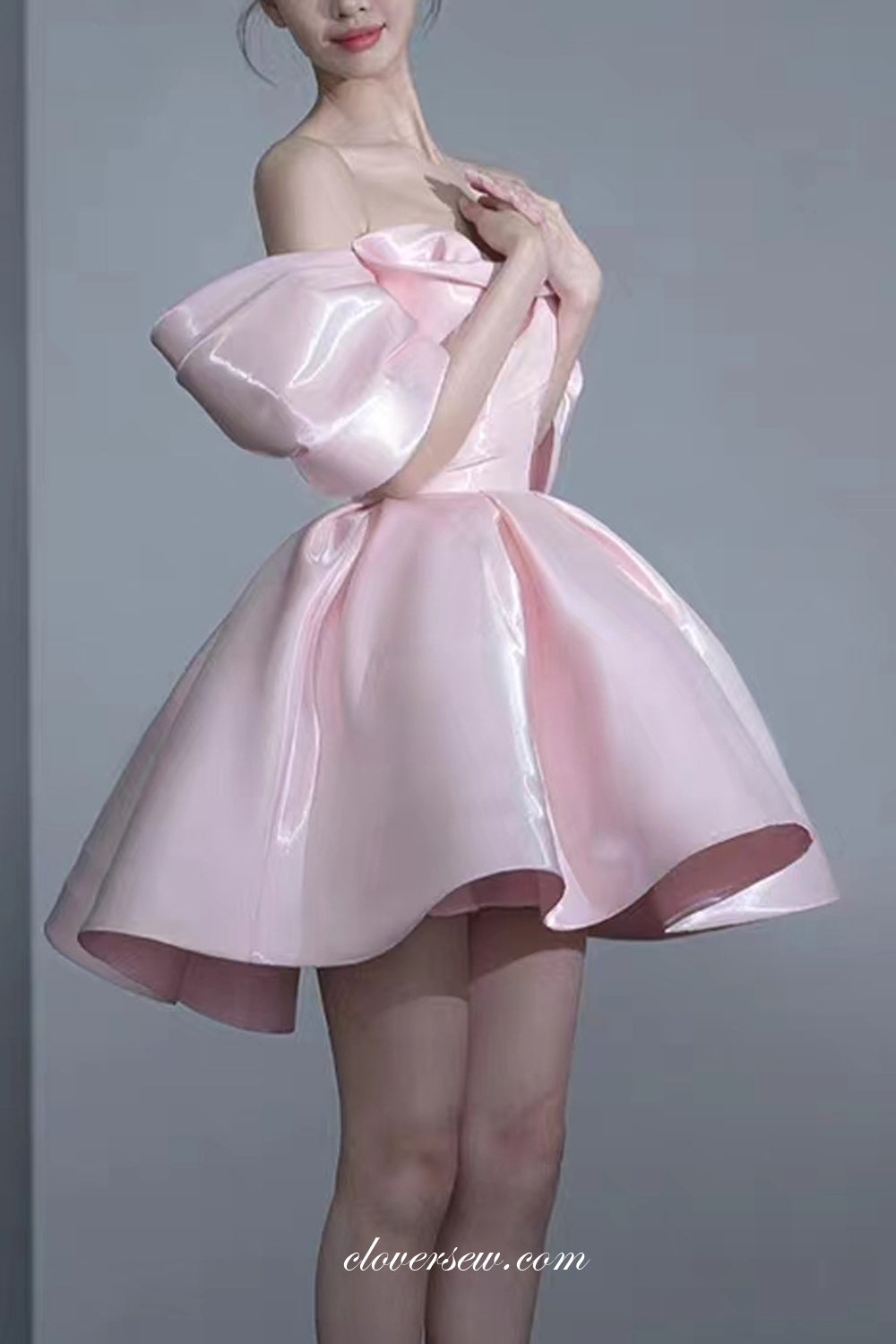 pink silk dress short Pink Shiny Satin Off The Shoulder Ball Gown Short Prom Dresses, CP1036 US14 / As Pic