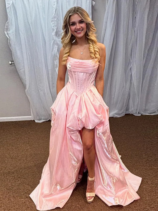Pink Shiny Satin Strapless High Low Bubble Prom Dresses, CP1078
