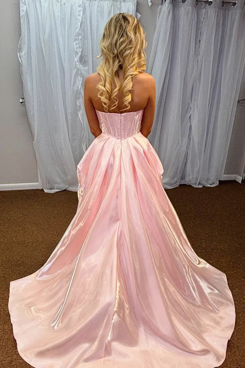 Pink Shiny Satin Strapless High Low Bubble Prom Dresses, CP1078