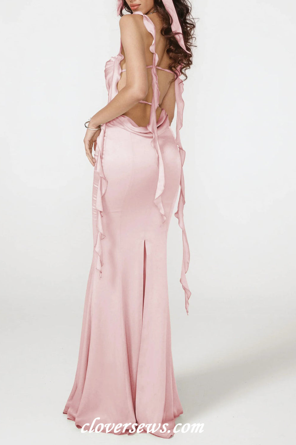 Pink Silk Satin Ruffles Ribbon Sleeveless Back Slip Mermaid Bridesmaid Dresses, CB0318