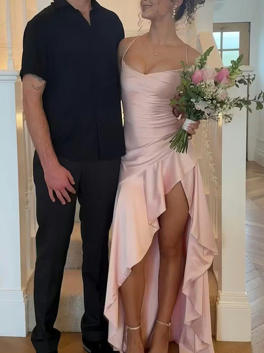 Pink Silk Satin Spaghetti Strap Ruffles Hem Hi-low Prom Dresses, CP1100