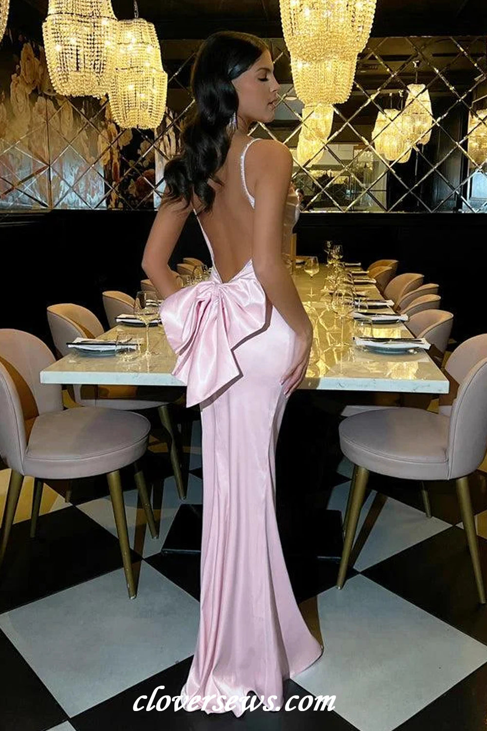 Pink Silk Satin With Beading Straps Backless With Bowknot Mermaid Bridesmaid Dresses CB0314