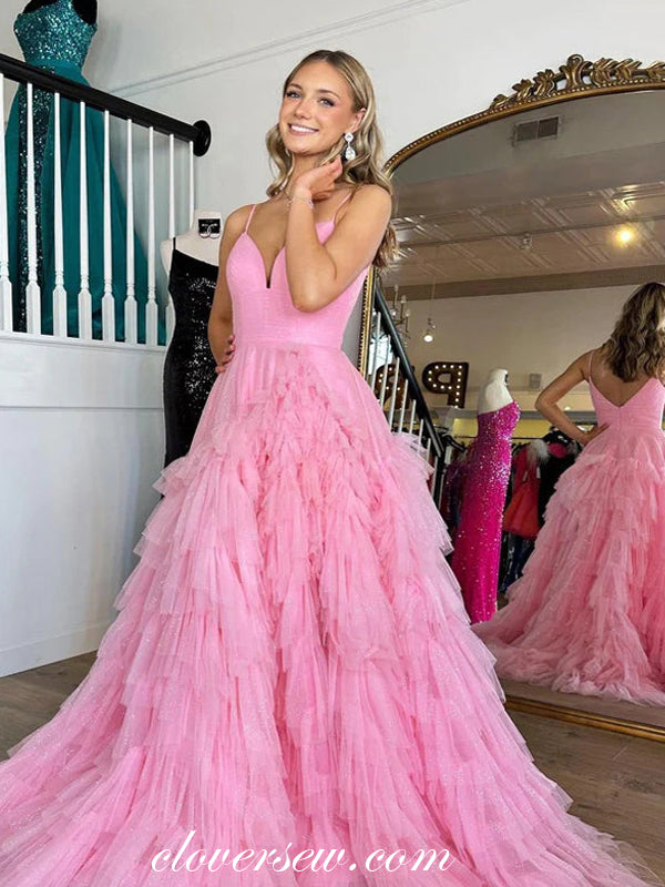 Pink Spaghetti Strap V-back Ruffles Tulle A-line Fashion Prom Dresses, CP1018