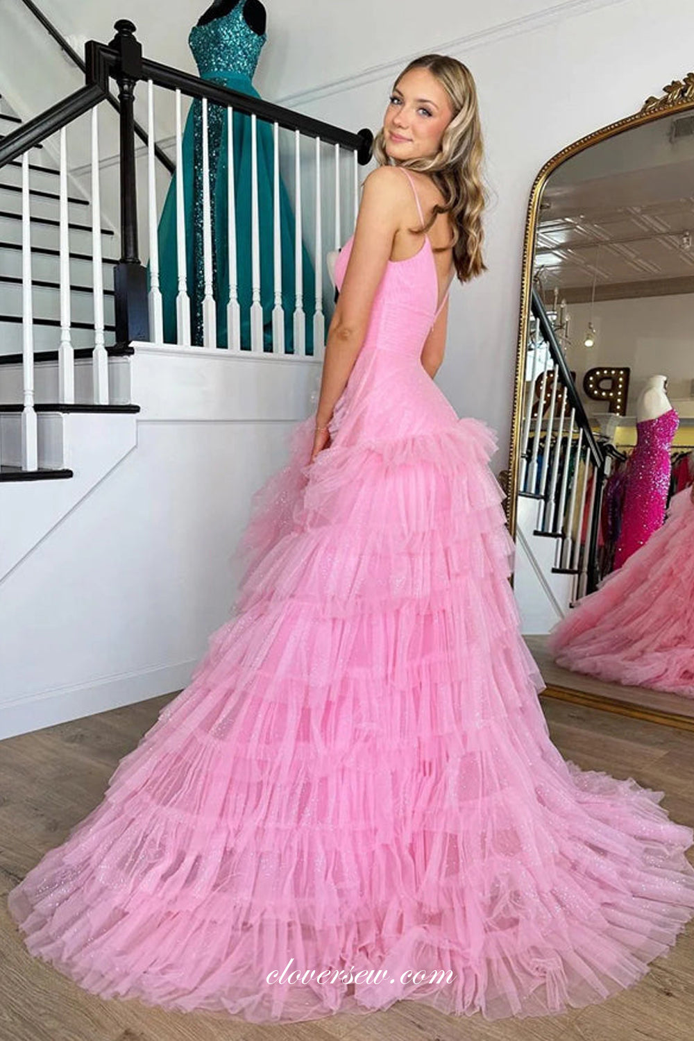 Pink Spaghetti Strap V-back Ruffles Tulle A-line Fashion Prom Dresses, CP1018