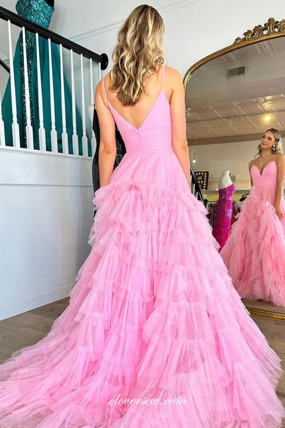 Pink Spaghetti Strap V-back Ruffles Tulle A-line Fashion Prom Dresses, CP1018