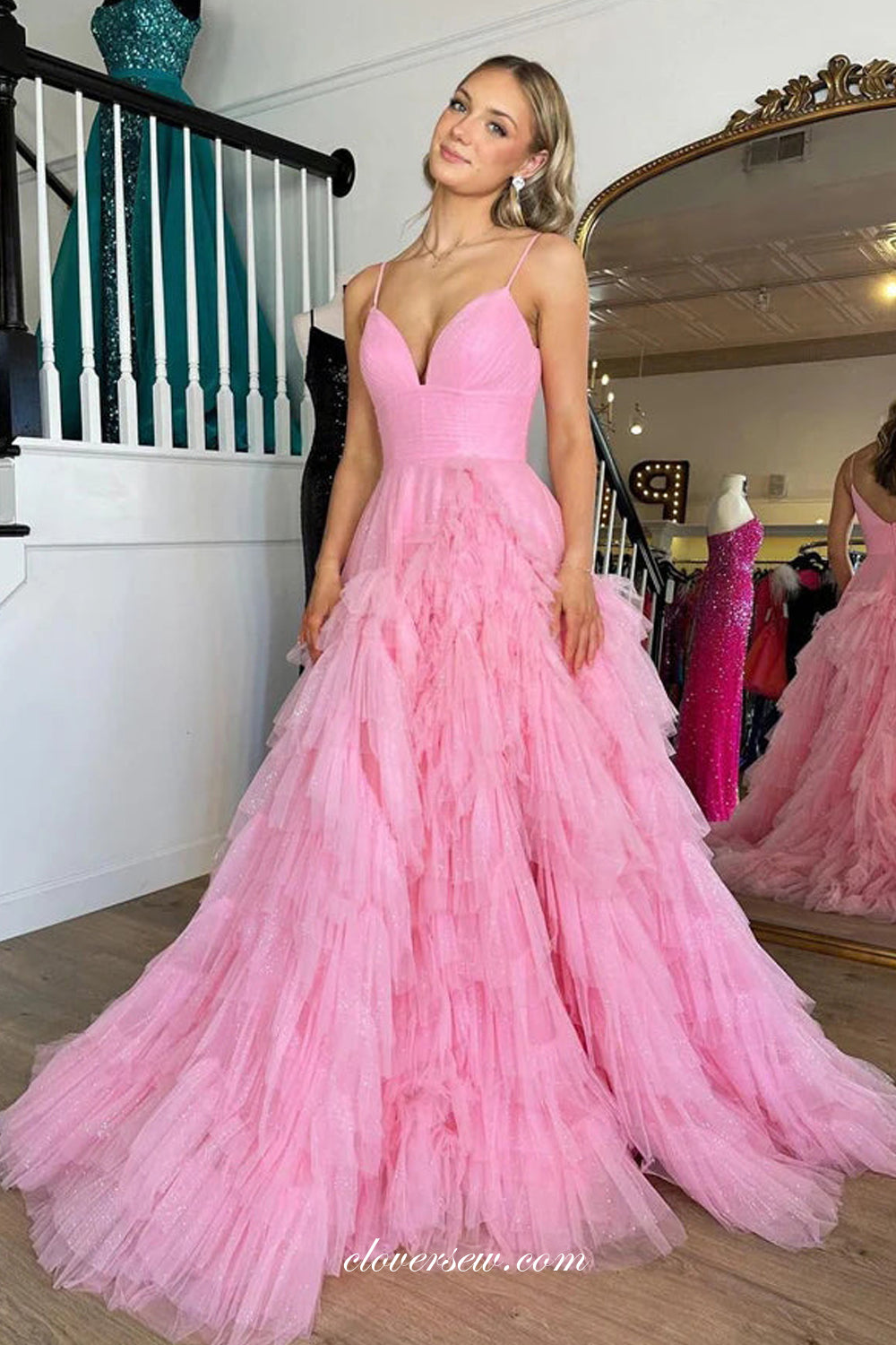 Pink Spaghetti Strap V-back Ruffles Tulle A-line Fashion Prom Dresses, CP1018