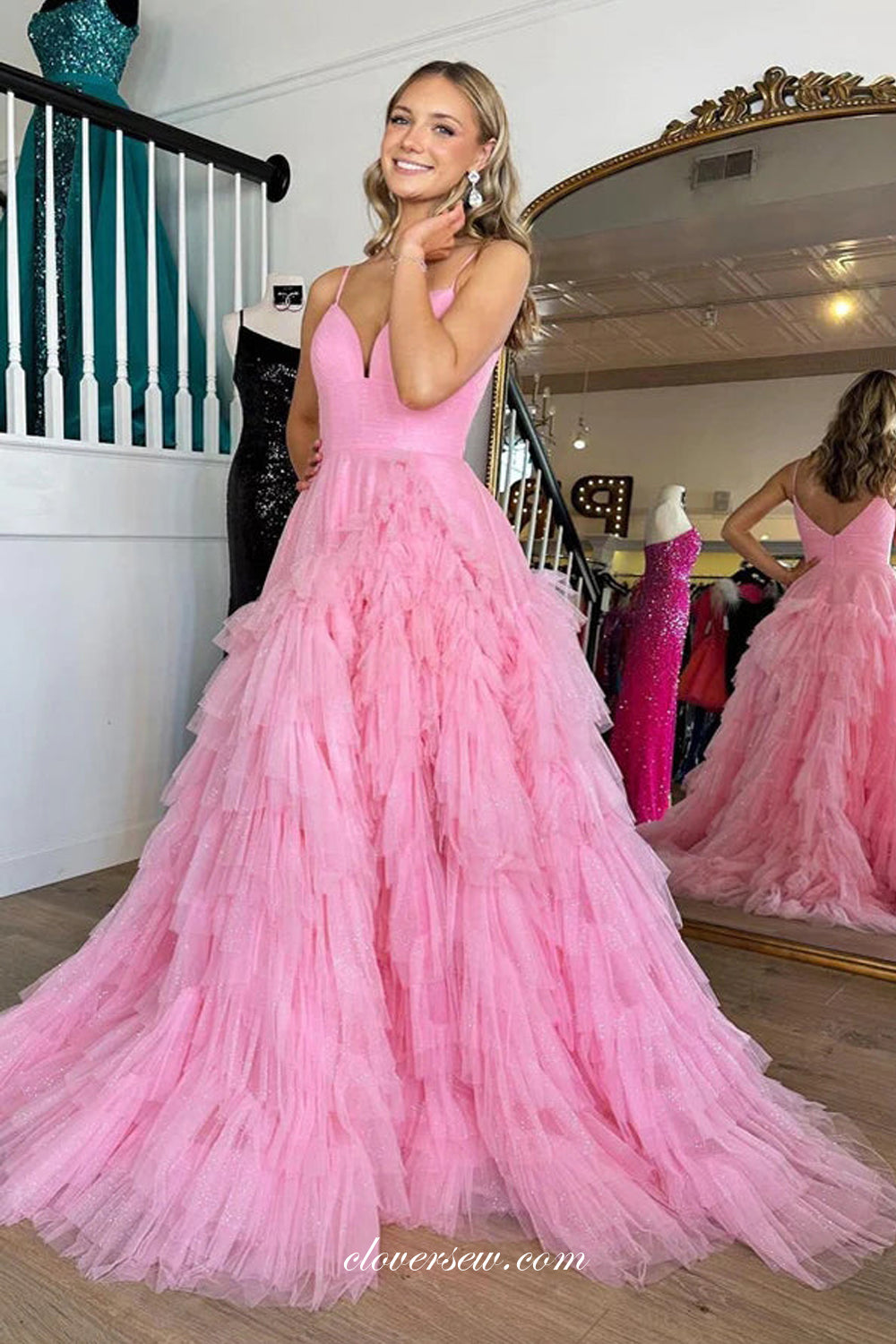 Pink Spaghetti Strap V-back Ruffles Tulle A-line Fashion Prom Dresses, CP1018