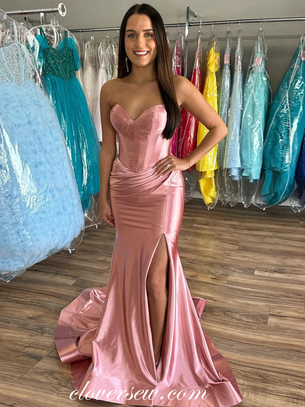Pink Strapless Pleating Shiny Satin Mermaid With Slit Prom Dresses, CP –  clover sew