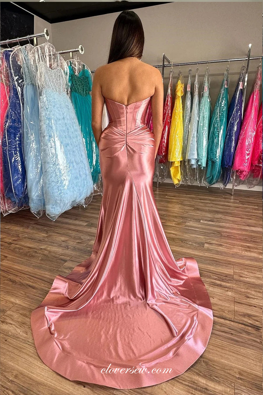 Pink Strapless Pleating Shiny Satin Mermaid With Slit Prom Dresses, CP –  clover sew