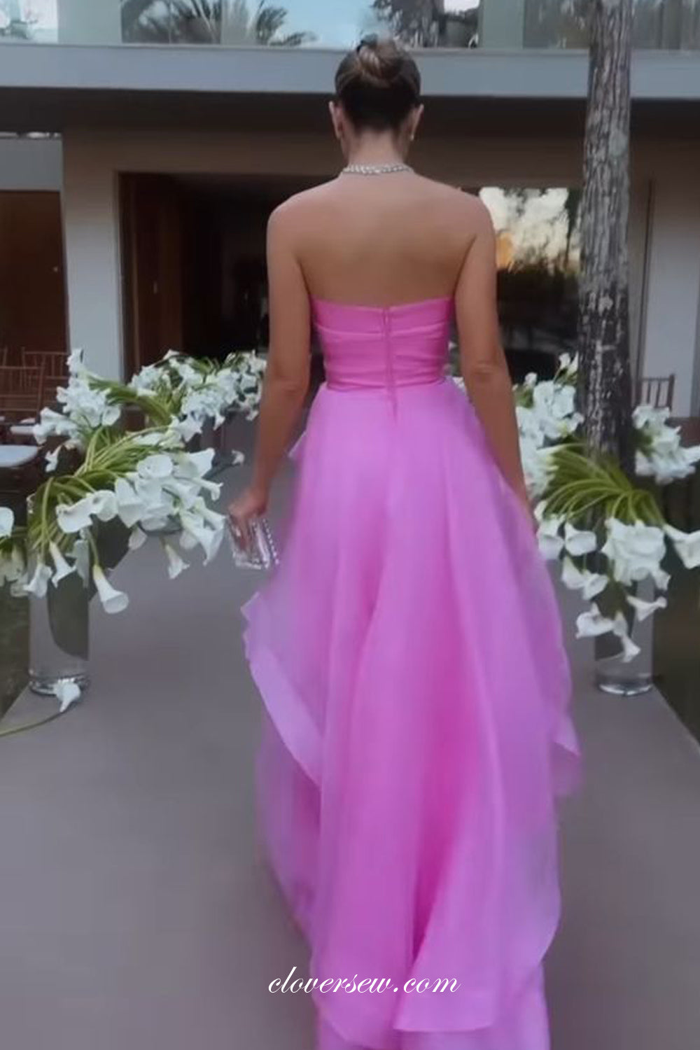 Pink Tulle Strapless Ruffles A-line Simple Prom Dresses For Teens, CP1085