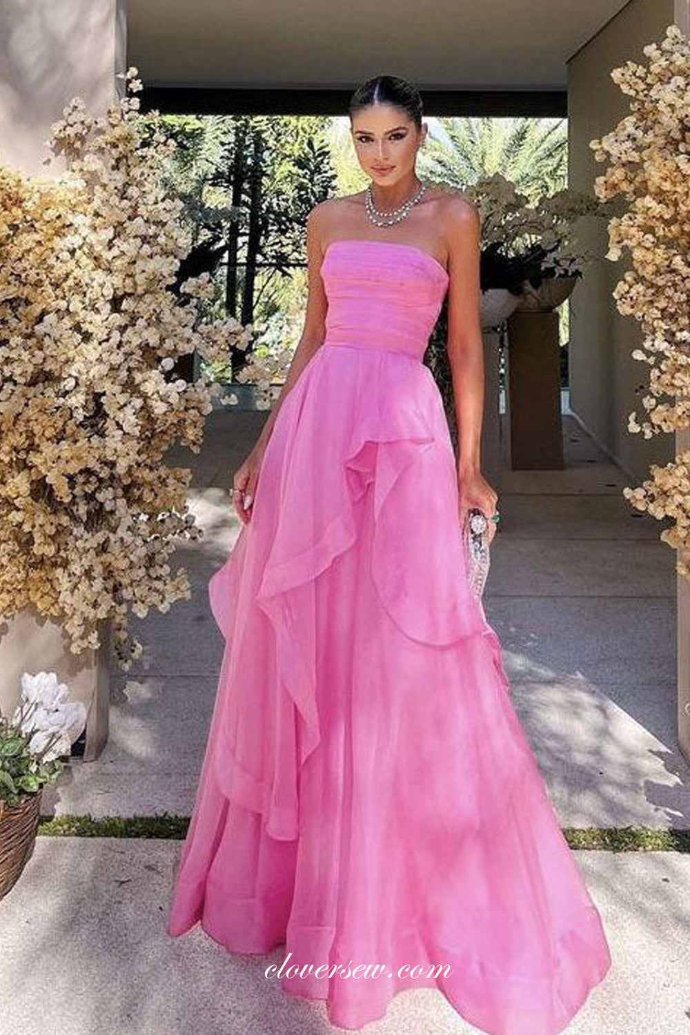 Pink Tulle Strapless Ruffles A-line Simple Prom Dresses For Teens, CP1085