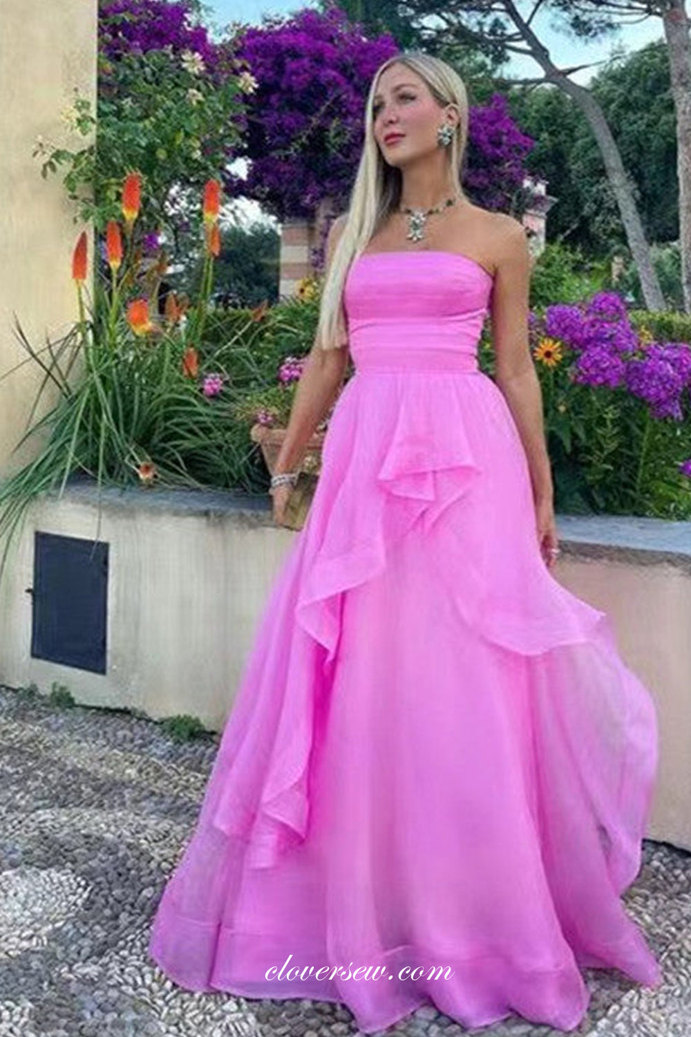 Pink Tulle Strapless Ruffles A-line Simple Prom Dresses For Teens, CP1085