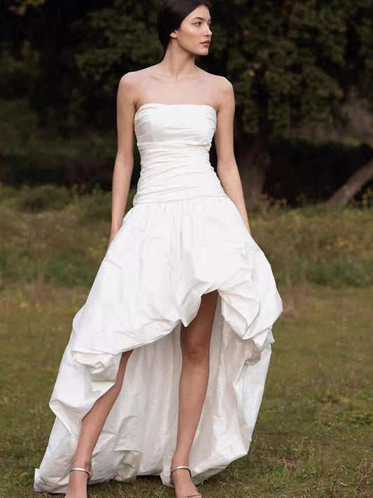 Pleating Strapless Satin Hi-low A-line Peplum Skirt Wedding Dresses ,CW0436